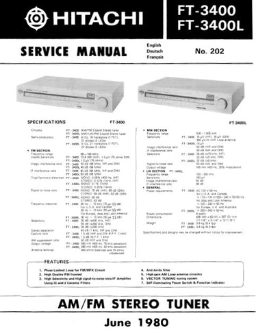 HITACHI FT-3400 FT-3400L AM FM STEREO TUNER SERVICE MANUAL INC BLK DIAG PCBS SCHEM DIAG AND PARTS LIST 20 PAGES ENG