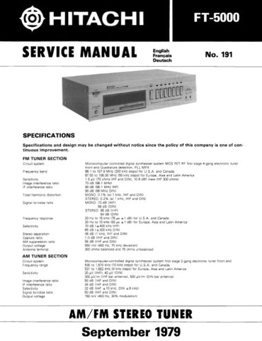HITACHI FT-5000 AM FM STEREO TUNER SERVICE MANUAL INC BLK DIAG PCBS SCHEM DIAG AND PARTS LIST 20 PAGES ENG