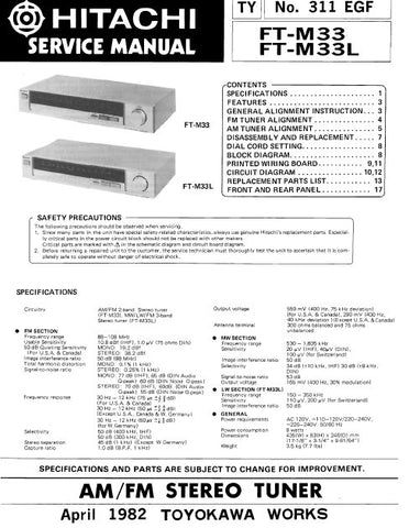 HITACHI FT-M33 FT-M33L AM FM STEREO TUNER SERVICE MANUAL INC BLK DIAG PCBS SCHEM DIAGS AND PARTS LIST 12 PAGES ENG