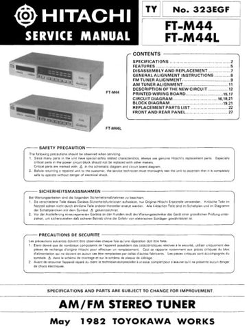 HITACHI FT-M44 FT-M44L AM FM STEREO TUNER SERVICE MANUAL INC BLK DIAG PCBS SCHEM DIAGS AND PARTS LIST 24 PAGES ENG