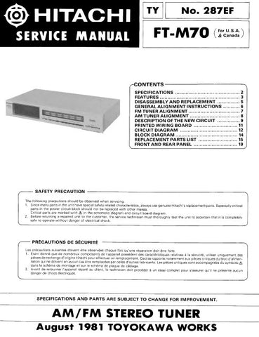 HITACHI FT-M70 AM FM STEREO TUNER SERVICE MANUAL INC BLK DIAG PCBS SCHEM DIAG AND PARTS LIST 20 PAGES ENG