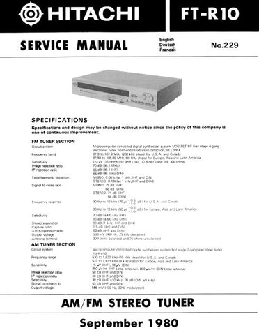 HITACHI FT-R10 AM FM STEREO TUNER SERVICE MANUAL INC BLK DIAG PCBS SCHEM DIAG AND PARTS LIST 24 PAGES ENG