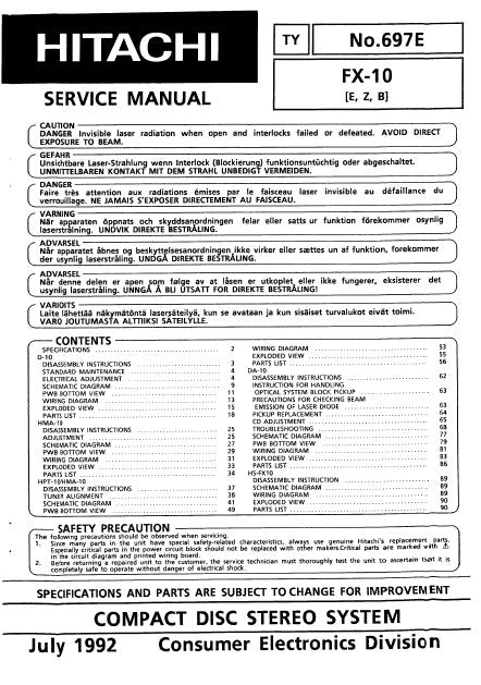 HITACHI FT-X10 CD STEREO SYSTEM SERVICE MANUAL INC BLK DIAG PCBS SCHEM DIAGS AND PARTS LIST 66 PAGES ENG