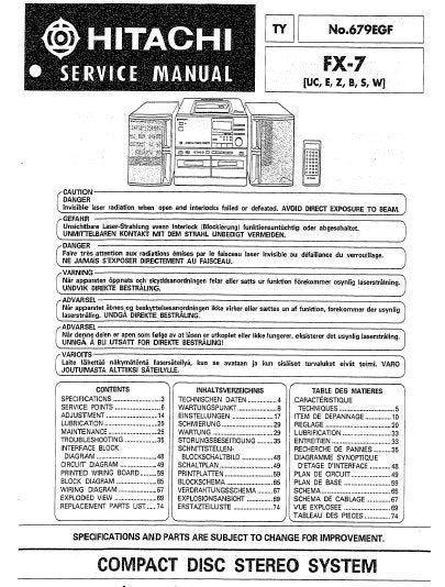 HITACHI FX-7 CD STEREO SYSTEM SERVICE MANUAL INC BLK DIAG PCBS SCHEM DIAGS AND PARTS LIST 47 PAGES ENG DEUT FRANC