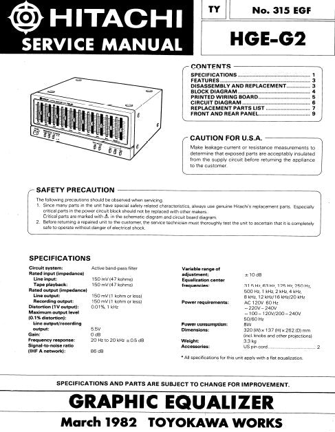 HITACHI HGE-G2 GRAPHIC EQUALIZER SERVICE MANUAL INC BLK DIAG PCBS SCHEM DIAG AND PARTS LIST 8 PAGES ENG