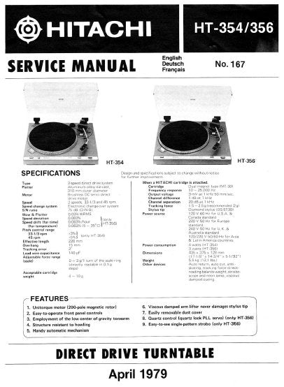 HITACHI HT-354 HT-356 DIRECT DRIVE TURNTABLE SERVICE MANUAL INC PCBS SCHEM DIAG AND PARTS LIST 16 PAGES ENG