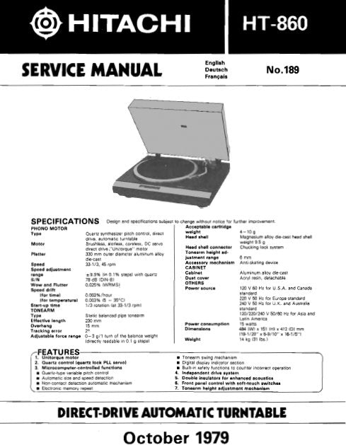 HITACHI HT-860 DIRECT DRIVE AUTOMATIC TURNTABLE SERVICE MANUAL INC BLK DIAG PCBS SCHEM DIAG AND PARTS LIST 28 PAGES ENG