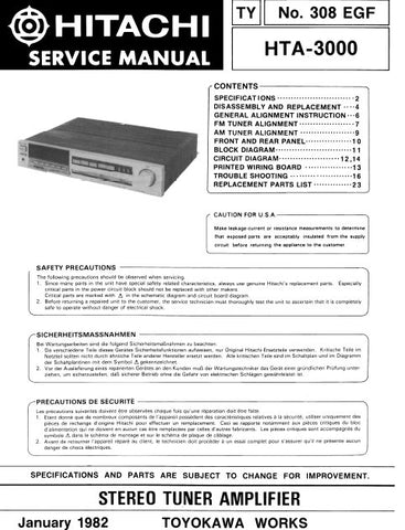 HITACHI HTA-3000 STEREO TUNER AMPLIFIER SERVICE MANUAL INC BLK DIAG PCBS SCHEM DIAGS AND PARTS LIST 20 PAGES ENG