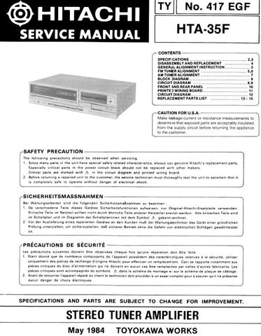 HITACHI HTA-35F STEREO TUNER AMPLIFIER SERVICE MANUAL INC BLK DIAG PCBS SCHEM DIAGS AND PARTS LIST 12 PAGES ENG