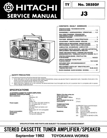 HITACHI J3 STEREO CASSETTE TUNER AMPLIFIER SPEAKER SERVICE MANUAL INC BLK DIAG PCBS SCHEM DIAGS AND PARTS LIST 32 PAGES ENG DEUT FRANC