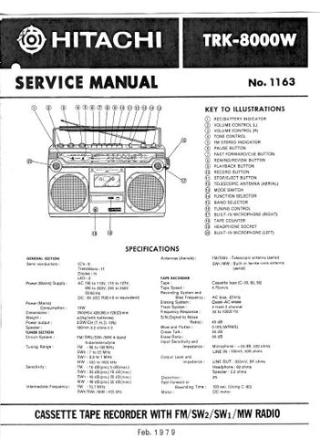 HITACHI TRK-8000W CASSETTE TAPE RECORDER WITH FM SW2 SW1 MW RADIO SERVICE MANUAL BLK DIAG PCBS SCHEM DIAGS AND PARTS LIST 25 PAGES ENG