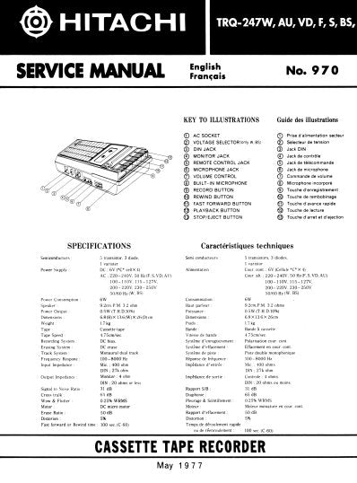HITACHI TRQ-247 CASSETTE TAPE RECORDER SERVICE MANUAL INC BLK DIAG PCBS SCHEM DIAG AND PARTS LIST 9 PAGES ENG