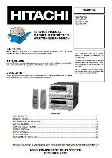 HITACHI HCUR700 SERIES HCUR700C HCUR700E HCUR700EBS HCUR700W MINI COMPONENT HI FI SYSTEM SERVICE MANUAL INC BLK DIAG PCBS SCHEM DIAGS AND PARTS LIST 58 PAGES