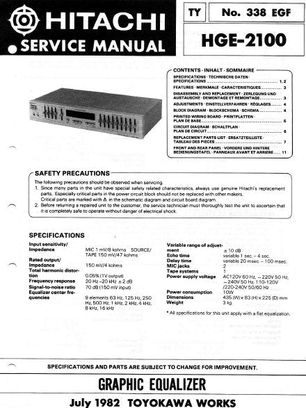HITACHI HGE-2100 STEREO GRAPHIC EQUALIZER SERVICE MANUAL INC BLK DIAG PCBS SCHEM DIAG AND PARTS LIST 14 PAGES DEUT FRANC