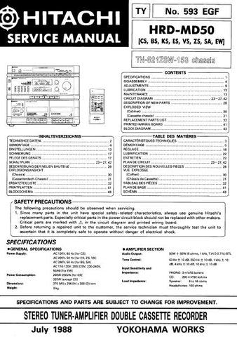 HITACHI HRD-MD50 STEREO TUNER AMPLIFIER DOUBLE CASSETTE RECORDER SERVICE MANUAL INC BLK DIAG PCBS SCHEM DIAGS AND PARTS LIST 56 PAGES ENG DEUT FRANC
