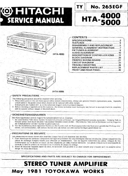 HITACHI HTA-4000 HTA-5000 STEREO TUNER AMPLIFIER SERVICE MANUAL INC BLK DIAG PCBS SCHEM DIAGS AND PARTS LIST 25 PAGES ENG DEUT FRANC