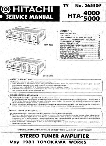 HITACHI HTA-4000 HTA-5000 STEREO TUNER AMPLIFIER SERVICE MANUAL INC BLK DIAG PCBS SCHEM DIAGS AND PARTS LIST 25 PAGES ENG DEUT FRANC