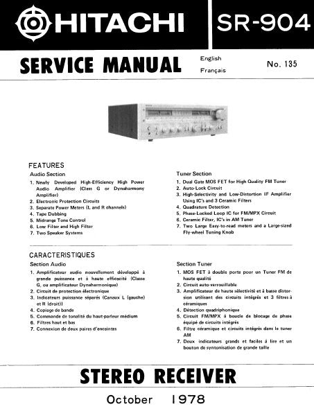 HITACHI SR-904 STEREO RECEIVER SERVICE MANUAL INC BLK DIAG PCBS SCHEM DIAGS AND PARTS LIST 29 PAGES ENG FRANC