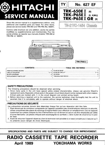 HITACHI TRK-650 II TRK-P65E II TRK-P65E II GR RADIO CASSETTE TAPE RECORDER SERVICE MANUAL INC BLK DIAG PCBS SCHEM DIAGS AND PARTS LIST 8 PAGES ENG FRANC