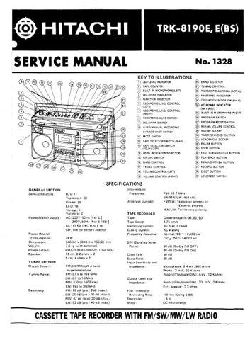 HITACHI TRK-8190E E(BS) CASSETTE TAPE RECORDER WITH FM SW MW LW RADIO SERVICE MANUAL INC BLK DIAG PCBS SCHEM DIAGS AND PARTS LIST 28 PAGES ENG