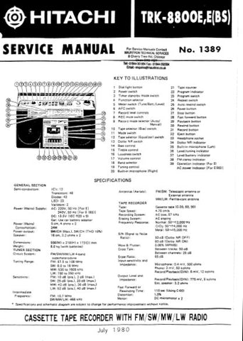 HITACHI TRK-8800E E(BS) CASSETTE TAPE RECORDER WITH FM SW MW LW RADIO SERVICE MANUAL INC BLK DIAG PCBS SCHEM DIAGS AND PARTS LIST 36 PAGES ENG