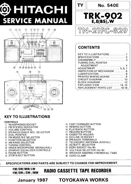 HITACHI TRK-902 FM SW MW LW FM SW SW MW RADIO CASSETTE TAPE RECORDER SERVICE MANUAL INC BLK DIAG PCBS SCHEM DIAGS AND PARTS LIST 23 PAGES ENG