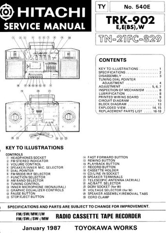 HITACHI TRK-902 FM SW MW LW FM SW SW MW RADIO CASSETTE TAPE RECORDER SERVICE MANUAL INC BLK DIAG PCBS SCHEM DIAGS AND PARTS LIST 23 PAGES ENG