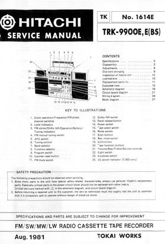 HITACHI TRK-9900E E(BS) CASSETTE TAPE RECORDER WITH FM SW MW LW RADIO SERVICE MANUAL INC BLK DIAG PCBS SCHEM DIAGS AND PARTS LIST 31 PAGES ENG