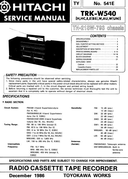 HITACHI TRK-W540 RADIO CASSETTE TAPE RECORDER SERVICE MANUAL INC BLK DIAGS PCBS SCHEM DIAGS AND PARTS LIST 28 PAGES ENG