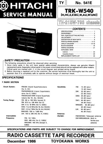 HITACHI TRK-W540 RADIO CASSETTE TAPE RECORDER SERVICE MANUAL INC BLK DIAGS PCBS SCHEM DIAGS AND PARTS LIST 28 PAGES ENG