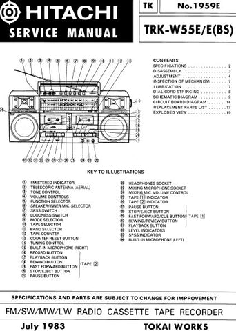 HITACHI TRK-W55E E(BS) FM SW MW LW RADIO CASSETTE TAPE RECORDER SERVICE MANUAL INC PCBS SCHEM DIAGS AND PARTS LIST 27 PAGES ENG