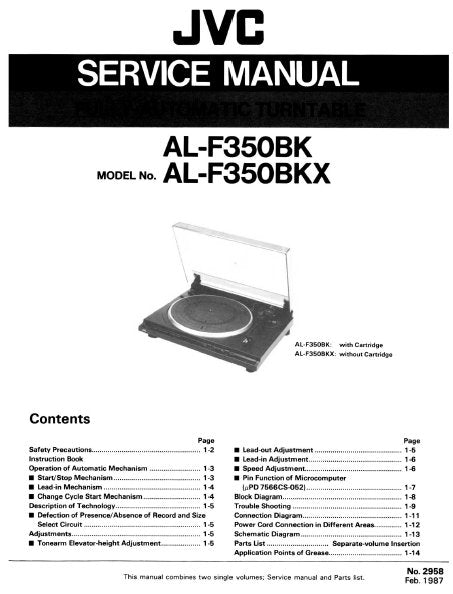 JVC AL-F350BK AL-F350BKX FULLY AUTOMATIC TURNTABLE SERVICE MANUAL INC BLK DIAG SCHEM DIAG AND PARTS LIST 33 PAGES ENG