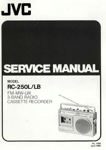JVC RC-250L RC-250LB FM MW LW 3 BAND RADIO CASSETTE RECORDER SERVICE MANUAL INC BLK DIAG PCBS SCHEM DIAGS AND PARTS LIST 20 PAGES ENG