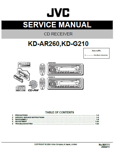 JVC KD-AR210 KD-G210 CD RECEIVER SERVICE MANUAL INC BLK DIAG PCBS SCHEM DIAGS AND PARTS LIST 57 PAGES ENG