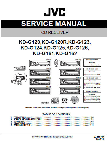 JVC KD-G120 KD-G120R KD-G123 KD-G124 KD-G125 KD-G126 KD-G161 KD-G162 CD RECEIVER SERVICE MANUAL INC BLK DIAG PCBS SCHEM DIAGS AND PARTS LIST 68 PAGES ENG