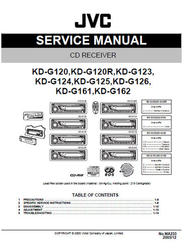 JVC KD-G120 KD-G120R KD-G123 KD-G124 KD-G125 KD-G126 KD-G161 KD-G162 CD RECEIVER SERVICE MANUAL INC BLK DIAG PCBS SCHEM DIAGS AND PARTS LIST 68 PAGES ENG