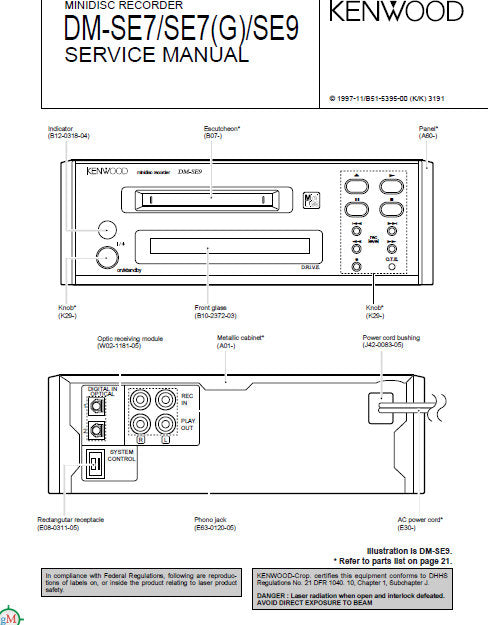 KENWOOD DM-SE7 DM-SE7(G) DM-SE9 MINI DISC RECORDER SERVICE MANUAL INC PCBS SCHEM DIAGS AND PARTS LIST 22 PAGES ENG
