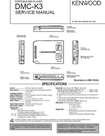 KENWOOD DMC-K3 PORTABLE MD PLAYER SERVICE MANUAL INC PCBS SCHEM DIAG AND PARTS LIST 17 PAGES ENG