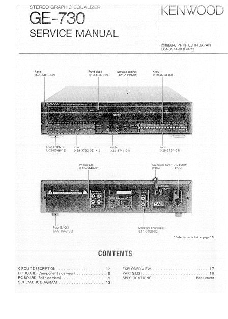 KENWOOD GE-730 STEREO GRAPHIC EQUALIZER SERVICE MANUAL INC PCBS SCHEM DIAG AND PARTS LIST 11 PAGES ENG