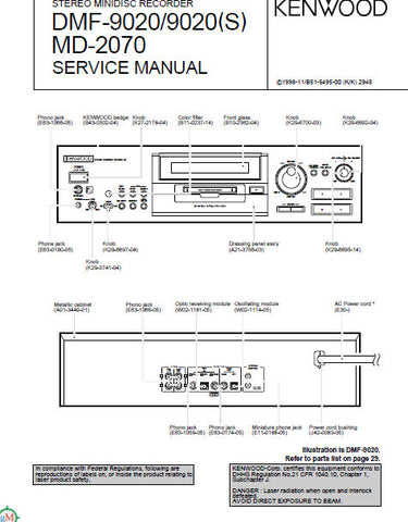 KENWOOD MD-2070 DMF-9020 DMF-9020(S) STEREO MINIDISC RECORDER SERVICE MANUAL INC BLK DIAG PCBS SCHEM DIAG AND PARTS LIST 29 PAGES ENG