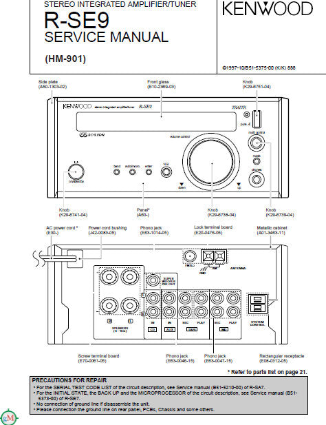 KENWOOD R-SE9 STEREO INTEGRATED AMPLIFIER TUNER SERVICE MANUAL INC PCBS SCHEM DIAGS AND PARTS LIST 23 PAGES ENG