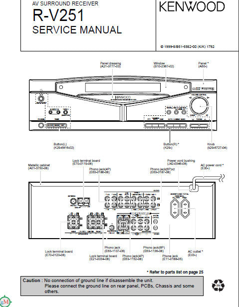 KENWOOD R-V251 AV SURROUND RECEIVER SERVICE MANUAL INC BLK DIAG PCBS SCHEM DIAG AND PARTS LIST 25 PAGES ENG