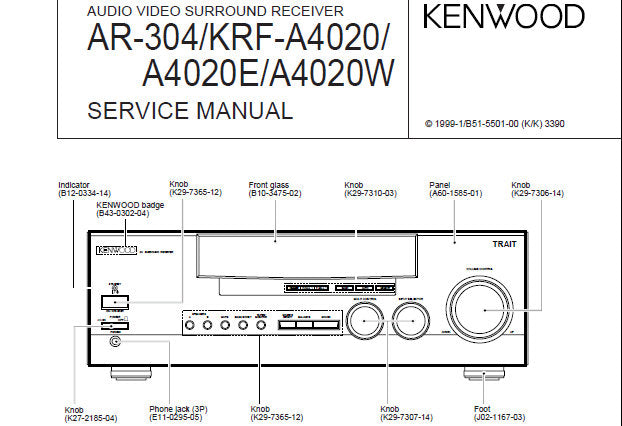 KENWOOD AR-304 KRF-4020 KRF-4020E A402W AV SURROUND RECEIVER SERVICE MANUAL INC CIRC DESC WIRING DIAG PCB'S SCHEM DIAGS AND PARTS LIST 24 PAGES ENG