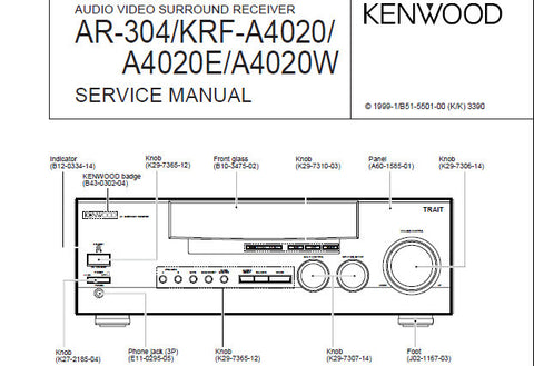 KENWOOD AR-304 KRF-4020 KRF-4020E A402W AV SURROUND RECEIVER SERVICE MANUAL INC CIRC DESC WIRING DIAG PCB'S SCHEM DIAGS AND PARTS LIST 24 PAGES ENG