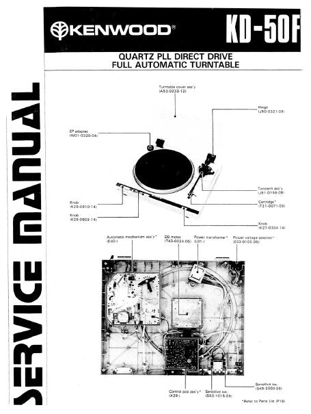 KENWOOD KD-50F QUARTZ PLL DIRECT DRIVE FULL AUTOMATIC TURNTABLE SERVICE MANUAL INC PCB SCHEM DIAG AND PARTS LIST 20 PAGES ENG