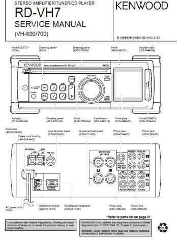 KENWOOD RD-VH7 RD-VH600 RD-VH700 STEREO AMPLIFIER TUNER CD PLAYER SERVICE MANUAL INC BLK DIAG PCBS SCHEM DIAGS AND PARTS LIST 32 PAGES ENG