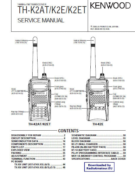 KENWOOD TH-K2AT TH-K2E TH-K2ET 144MHz FM TRANSCEIVER SERVICE MANUAL INC BLK DIAG PCBS SCHEM DIAGS AND PARTS LIST 63 PAGES ENG