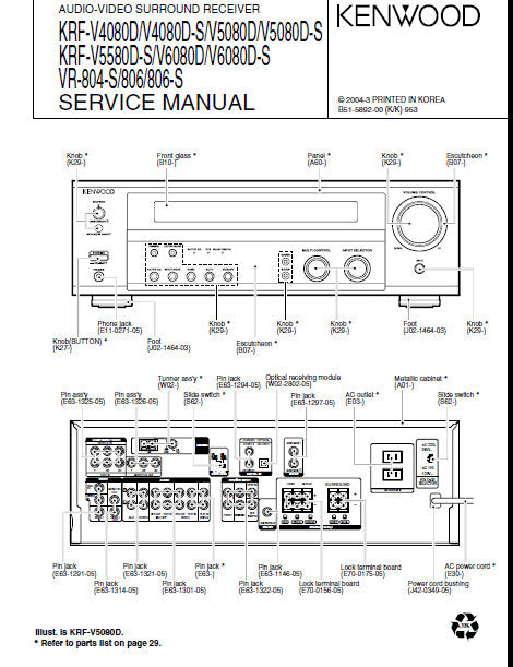 KENWOOD VR-804-S VR-806 VR-806-S KRF-V5580D-S KRF-V6080D KRF-V6080D-S KRF-V4080D KRF-V4080D-S KRF-V5080D KRF-V5080D-S AV SURROUND RECEIVER SERVICE MANUAL INC PCBS SCHEM DIAGS AND PARTS LIST 31 PAGES ENG