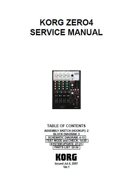 KORG ZERO4 LIVE CONTROL MIXER SERVICE MANUAL INC BLK DIAG CIRC DIAG SCHEM DIAGS AND PARTS LIST 35 PAGES ENG