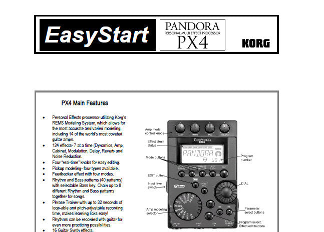 KORG PX4 PANDORA PERSONAL MULTI EFFECT PROCESSOR EASY START 4 PAGES ENG